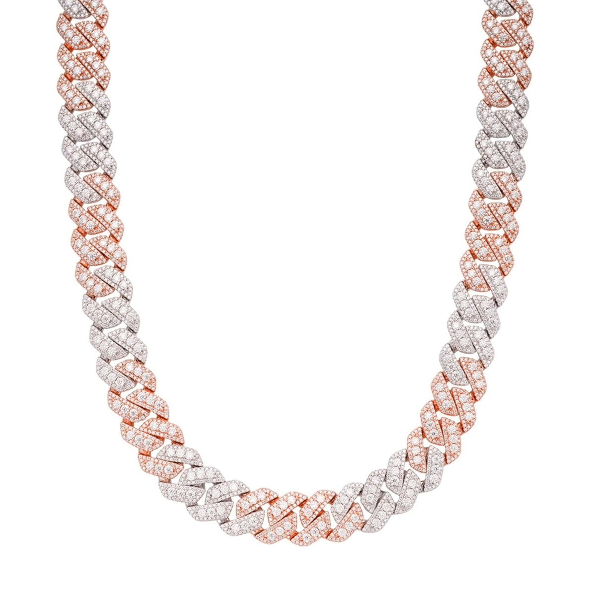 14mm Miami Cuban VVS D Moissanite Chain 34 CTW – 925 Sterling Silver, Two-Tone Rose Gold Finish