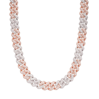 14mm Miami Cuban VVS D Moissanite Chain 34 CTW – 925 Sterling Silver, Two-Tone Rose Gold Finish