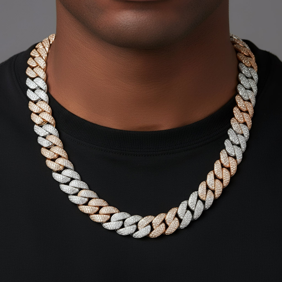 15mm Miami Cuban VVS D Moissanite Chain – 925 Sterling Silver, Two-Tone Rose Gold Finish, view 2