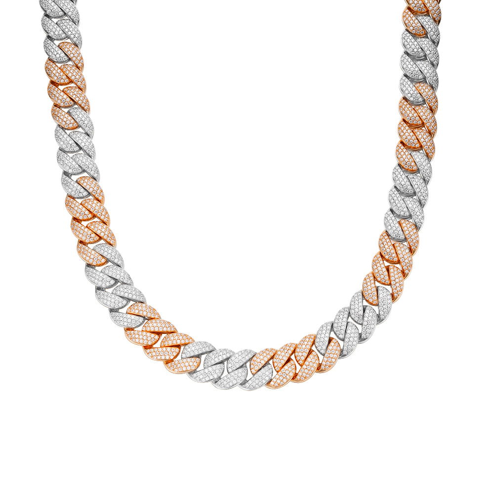 15mm Miami Cuban VVS D Moissanite Chain – 925 Sterling Silver, Two-Tone Rose Gold Finish