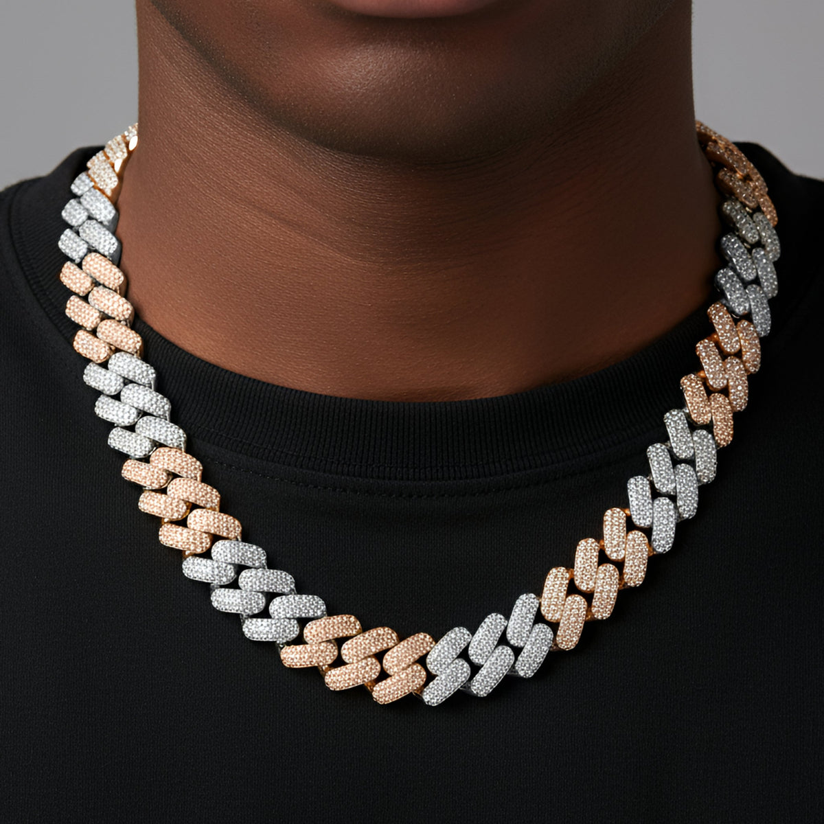 18mm Miami Cuban VVS D Moissanite Chain – 925 Sterling Silver, Two-Tone Rose Gold Finish, view 2