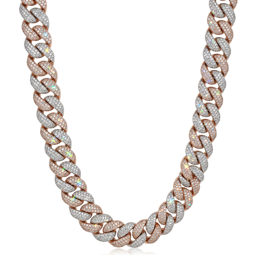 23mm Miami Cuban VVS D Moissanite Chain 62 CTW – 925 Sterling Silver, Two-Tone Rose Gold Finish