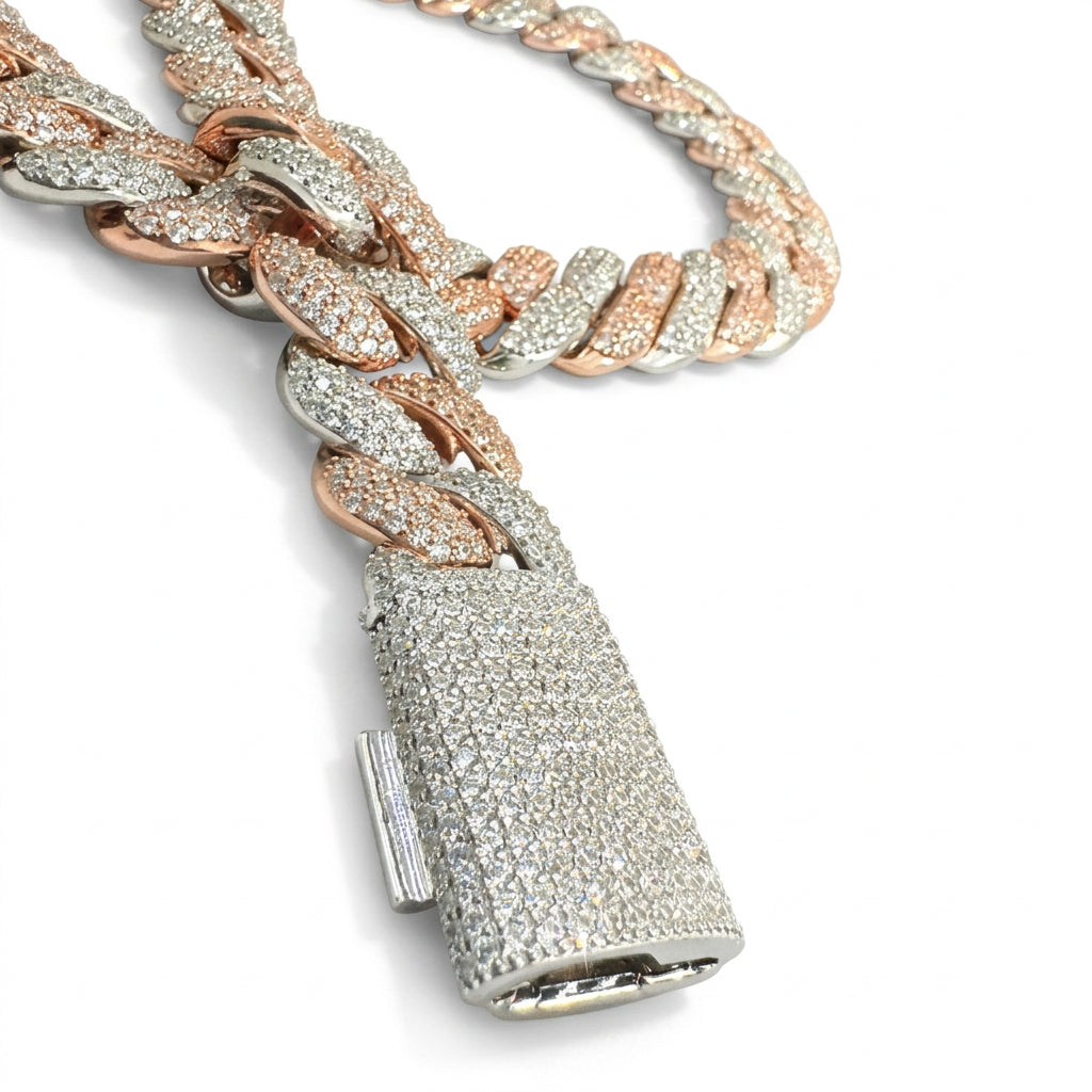 23mm Miami Cuban VVS D Moissanite Chain 62 CTW – 925 Sterling Silver, Two-Tone Rose Gold Finish, view 4