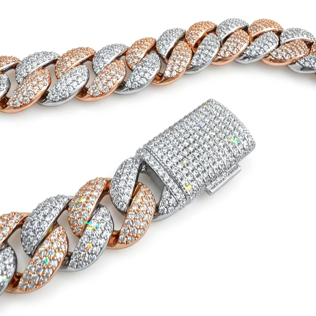 23mm Miami Cuban VVS D Moissanite Chain 62 CTW – 925 Sterling Silver, Two-Tone Rose Gold Finish, view 8