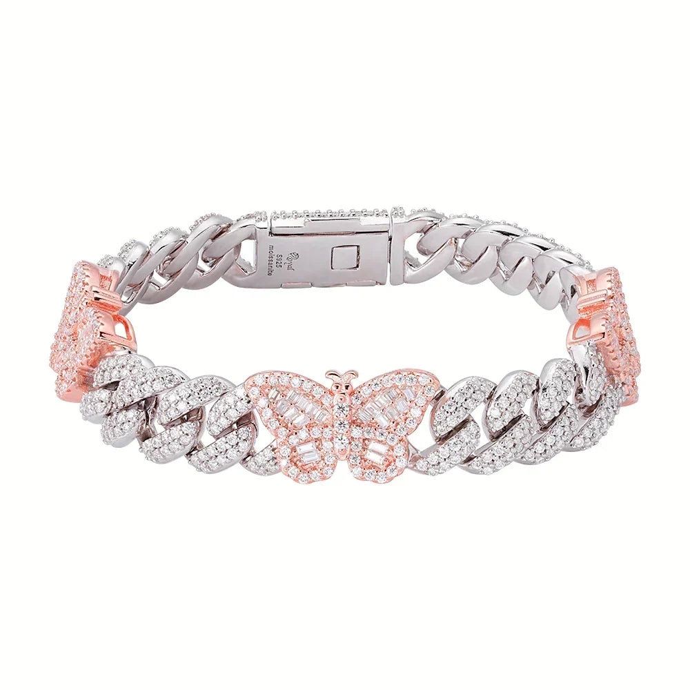 Women's 12mm Butterfly Cuban Link VVS D Moissanite Bracelet – 925 Sterling Silver, Two-Tone Rose Gold Finish