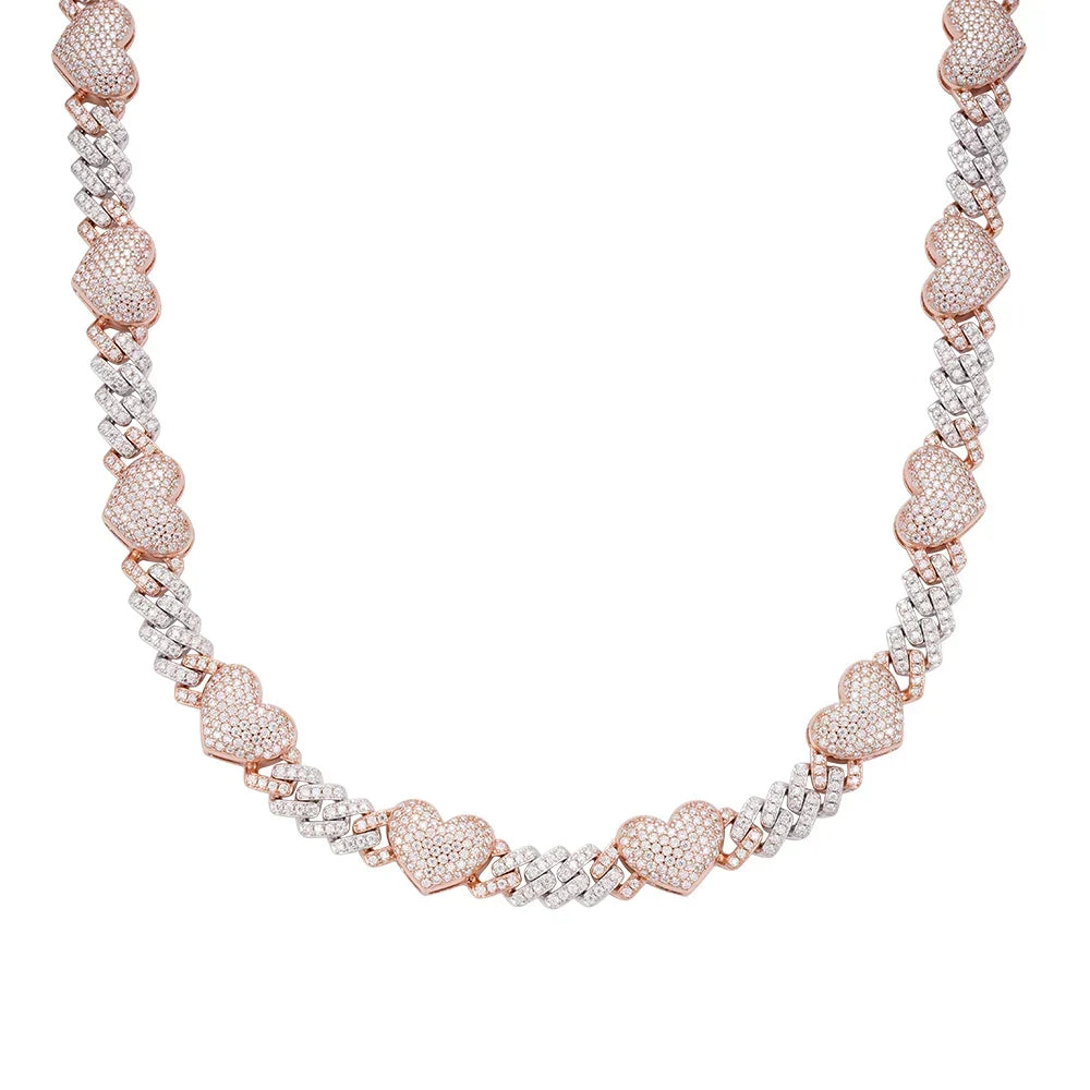 Women's 10mm Heart Cuban Link VVS D Moissanite Chain – 925 Sterling Silver, Two-Tone Rose Gold Finish