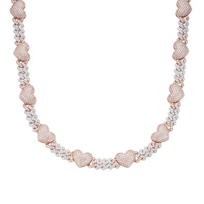 Women's 10mm Heart Cuban Link VVS D Moissanite Chain – 925 Sterling Silver, Two-Tone Rose Gold Finish