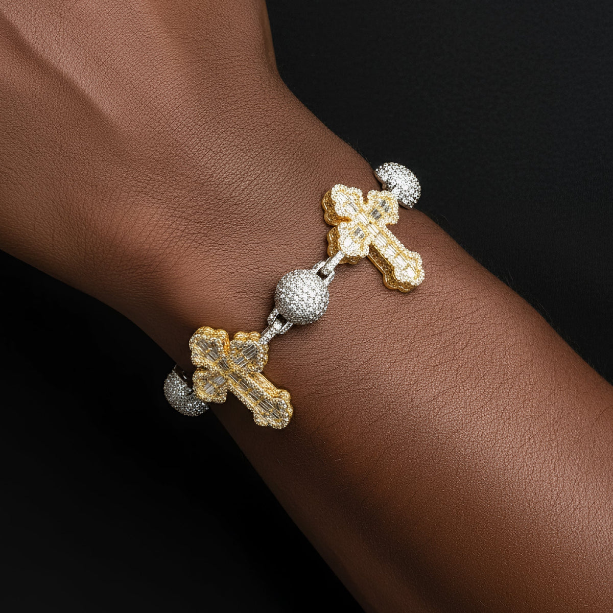Bead Ball Cross VVS D Moissanite Bracelet – 925 Sterling Silver, Two-Tone Yellow Gold Finish, view 2
