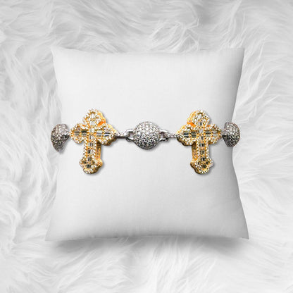 Bead Ball Cross VVS D Moissanite Bracelet – 925 Sterling Silver, Two-Tone Yellow Gold Finish