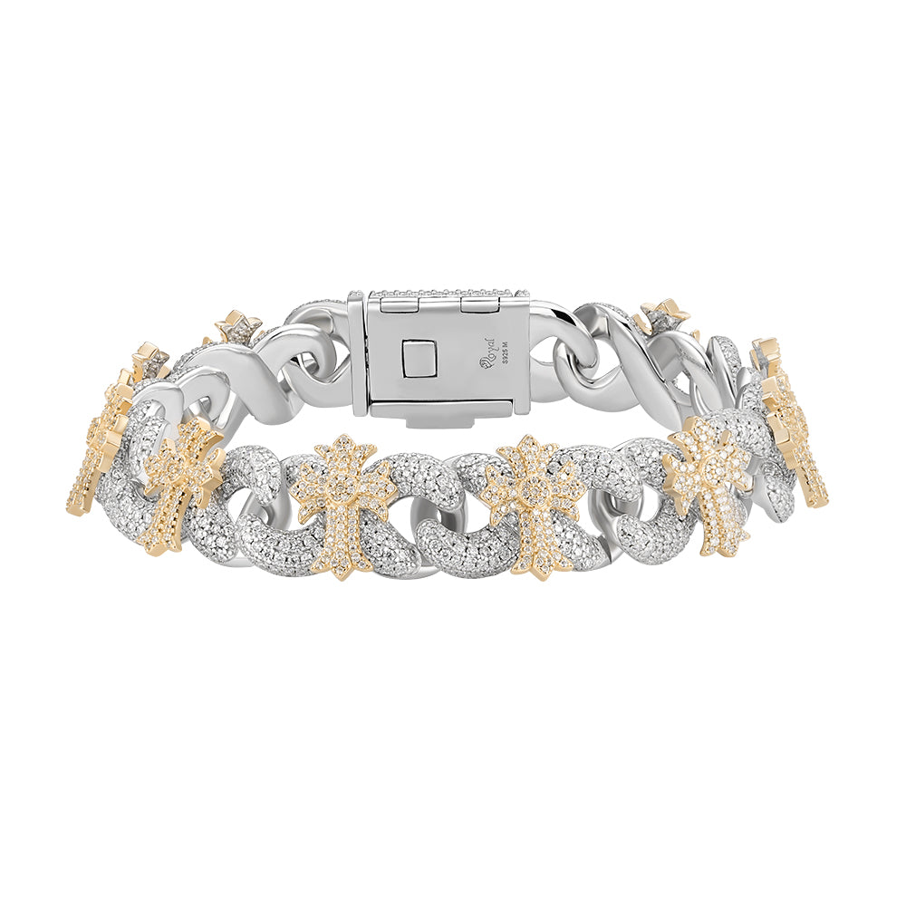 15mm Cross Cuban Link VVS D Moissanite Bracelet – 925 Sterling Silver, Two-Tone Yellow Gold Finish