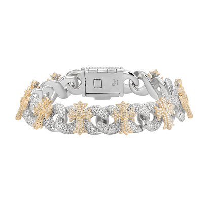 15mm Cross Cuban Link VVS D Moissanite Bracelet – 925 Sterling Silver, Two-Tone Yellow Gold Finish