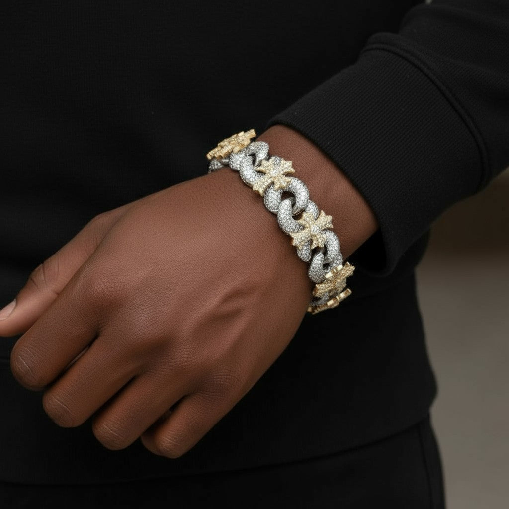 15mm Cross Cuban Link VVS D Moissanite Bracelet – 925 Sterling Silver, Two-Tone Yellow Gold Finish, view 2