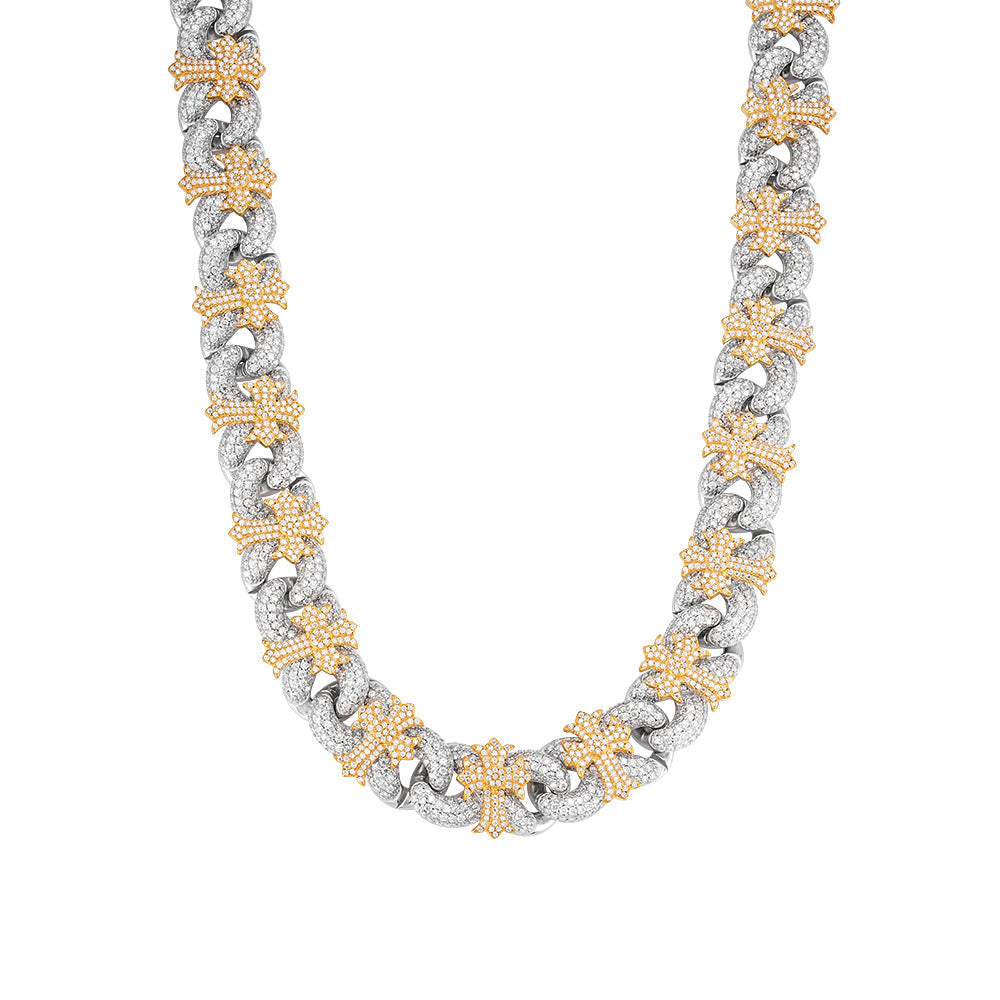 15mm Cross Cuban Link VVS D Moissanite Chain – 925 Sterling Silver, Two-Tone Yellow Gold Finish