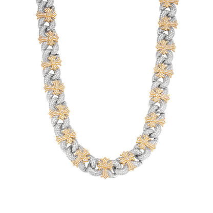 15mm Cross Cuban Link VVS D Moissanite Chain – 925 Sterling Silver, Two-Tone Yellow Gold Finish