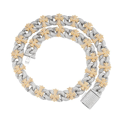 15mm Cross Cuban Link VVS D Moissanite Chain – 925 Sterling Silver, Two-Tone Yellow Gold Finish, view 2