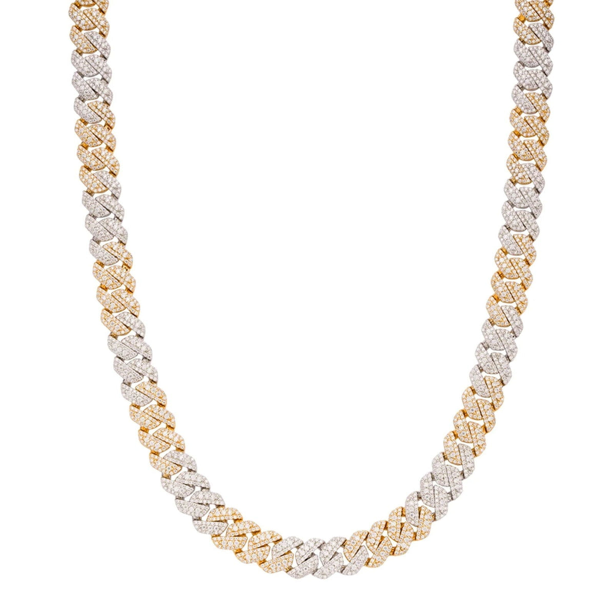 10mm Miami Cuban VVS D Moissanite Chain 18 CTW – 925 Sterling Silver, Two-Tone Yellow Gold Finish