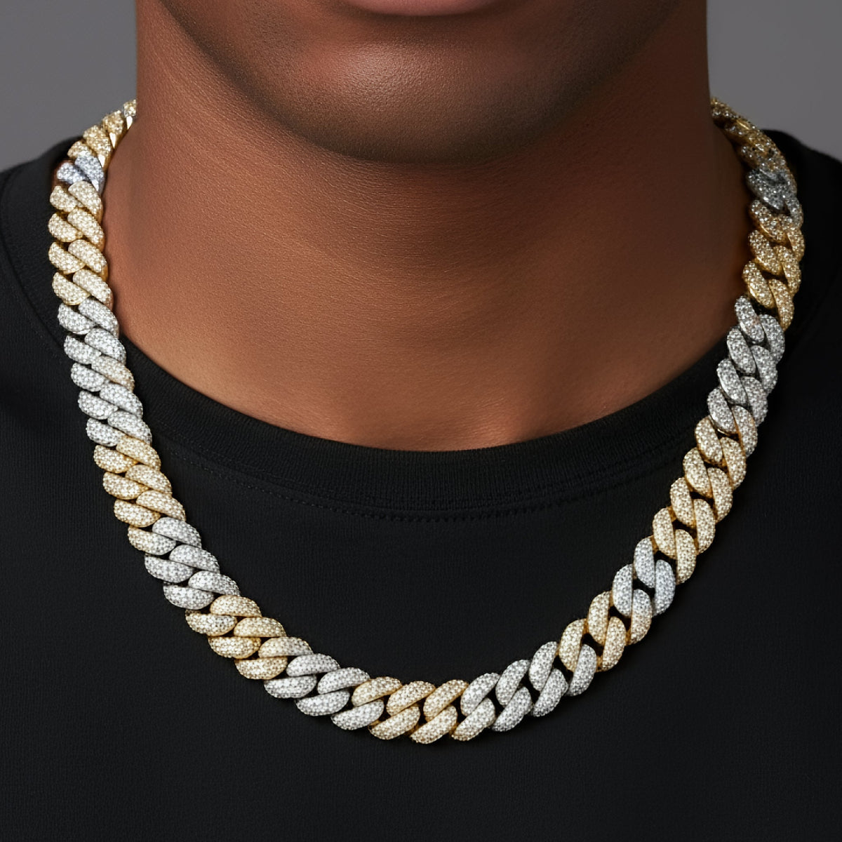 10mm Miami Cuban VVS D Moissanite Chain – 925 Sterling Silver, Two-Tone Yellow Gold Finish, view 2