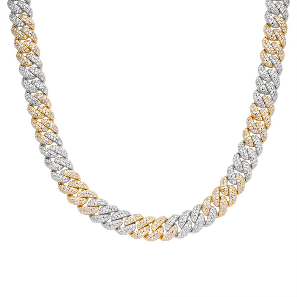 10mm Miami Cuban VVS D Moissanite Chain – 925 Sterling Silver, Two-Tone Yellow Gold Finish