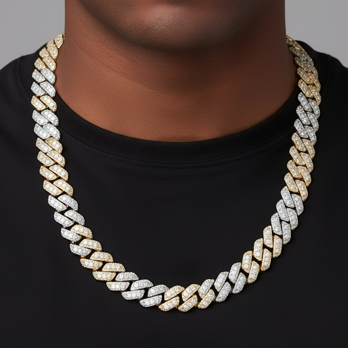 12mm Miami Cuban VVS D Moissanite Chain 30 CTW – 925 Sterling Silver, Two-Tone Yellow Gold Finish, view 2