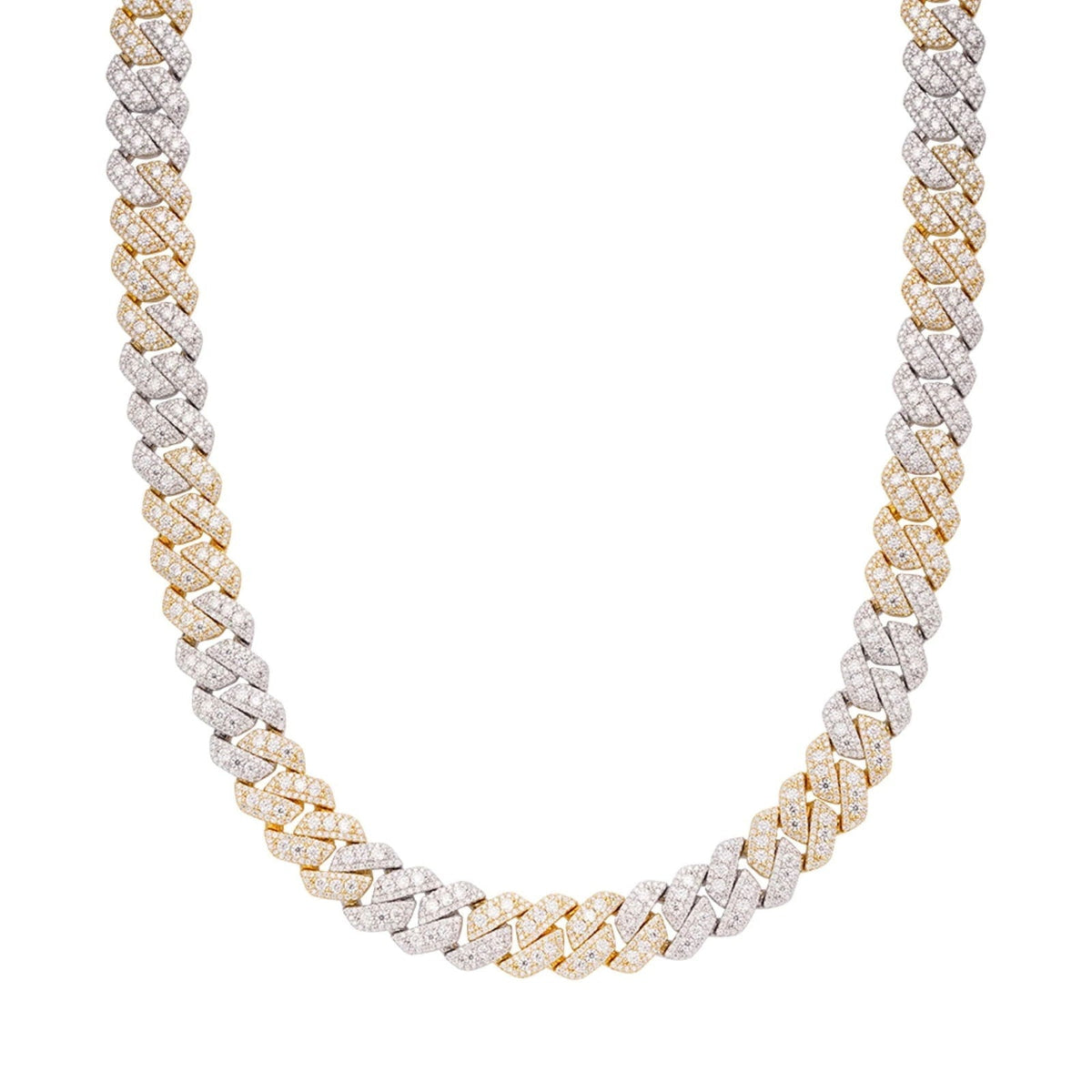 12mm Miami Cuban VVS D Moissanite Chain 30 CTW – 925 Sterling Silver, Two-Tone Yellow Gold Finish