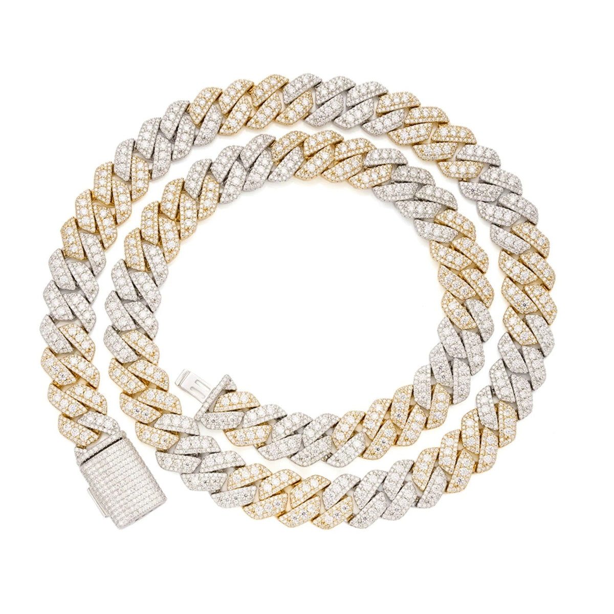 12mm Miami Cuban VVS D Moissanite Chain 30 CTW – 925 Sterling Silver, Two-Tone Yellow Gold Finish, view 3