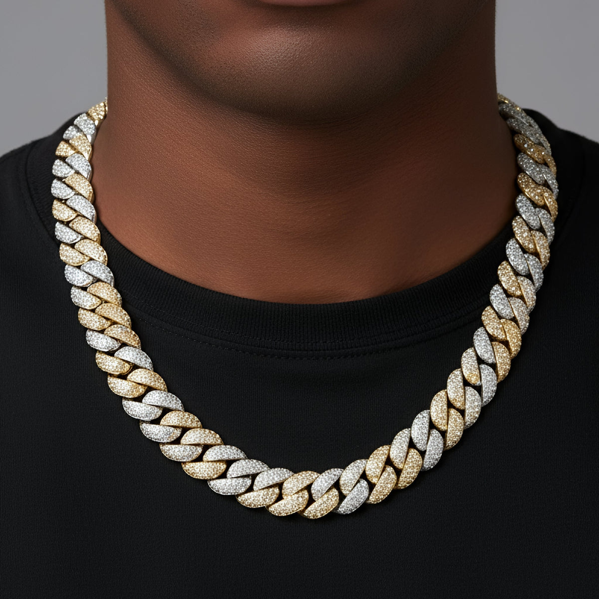 12mm Miami Cuban VVS D Moissanite Chain – 925 Sterling Silver, Two-Tone Yellow Gold Finish, view 2