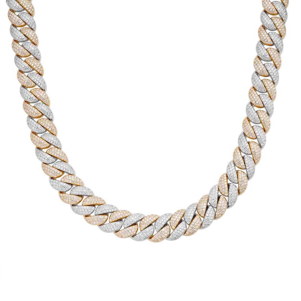 12mm Miami Cuban VVS D Moissanite Chain – 925 Sterling Silver, Two-Tone Yellow Gold Finish