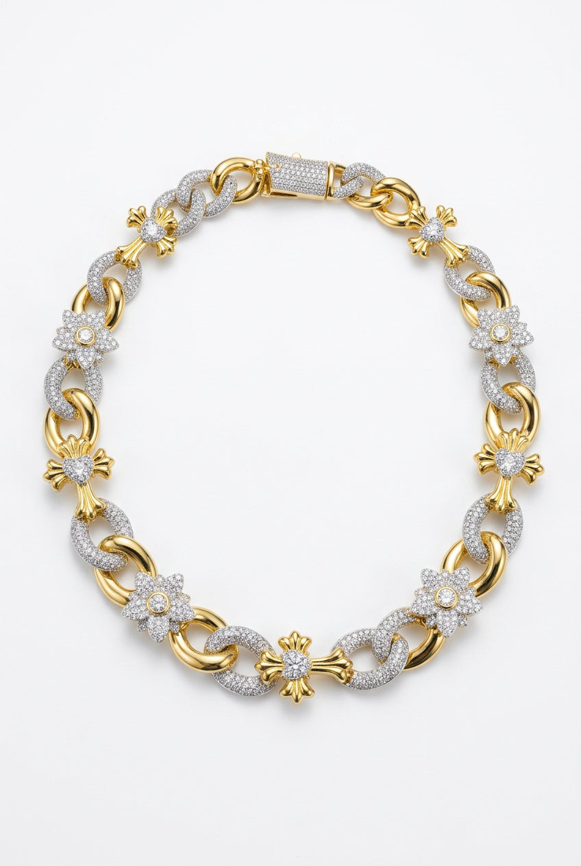 Flower Cross Infinity Link VVS D Moissanite Necklace – 925 Sterling Silver, Two-Tone Yellow Gold Finish, view 2