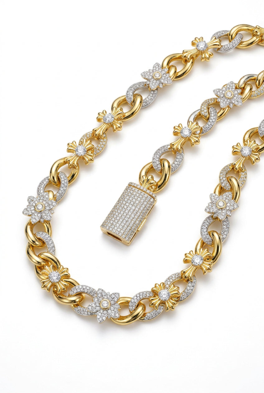 Flower Cross Infinity Link VVS D Moissanite Necklace – 925 Sterling Silver, Two-Tone Yellow Gold Finish, view 4