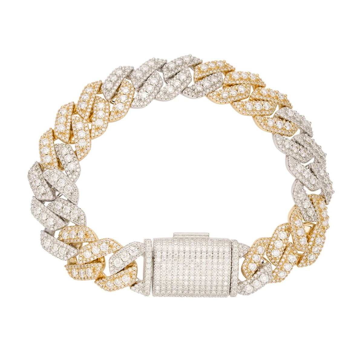 14mm Prong Set Miami Cuban VVS D Moissanite Bracelet – 925 Sterling Silver, Two-Tone Yellow Gold Finish