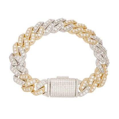 14mm Prong Set Miami Cuban VVS D Moissanite Bracelet – 925 Sterling Silver, Two-Tone Yellow Gold Finish