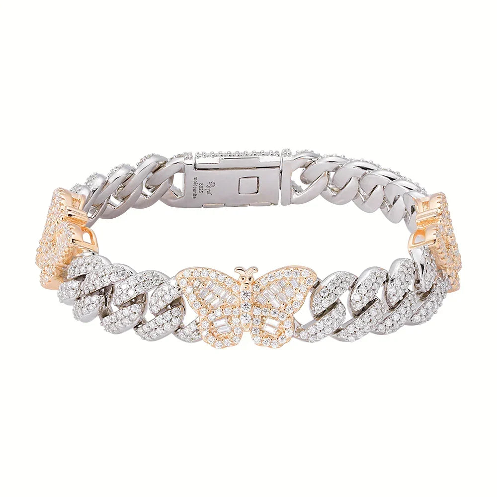 Women's 12mm Butterfly Cuban Link VVS D Moissanite Bracelet – 925 Sterling Silver, Two-Tone Yellow Gold Finish