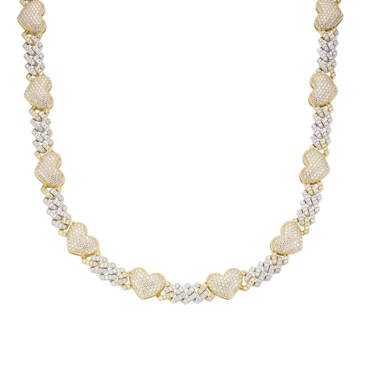 Women's 10mm Heart Cuban Link VVS D Moissanite Chain – 925 Sterling Silver, Two-Tone Yellow Gold Finish