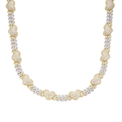 Women's 10mm Heart Cuban Link VVS D Moissanite Chain – 925 Sterling Silver, Two-Tone Yellow Gold Finish