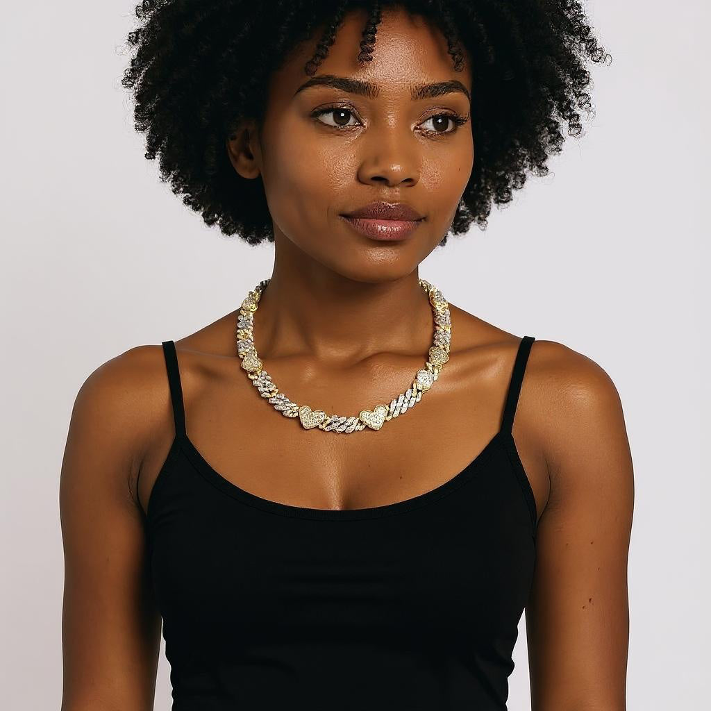 Women's 10mm Heart Cuban Link VVS D Moissanite Chain – 925 Sterling Silver, Two-Tone Yellow Gold Finish, view 2