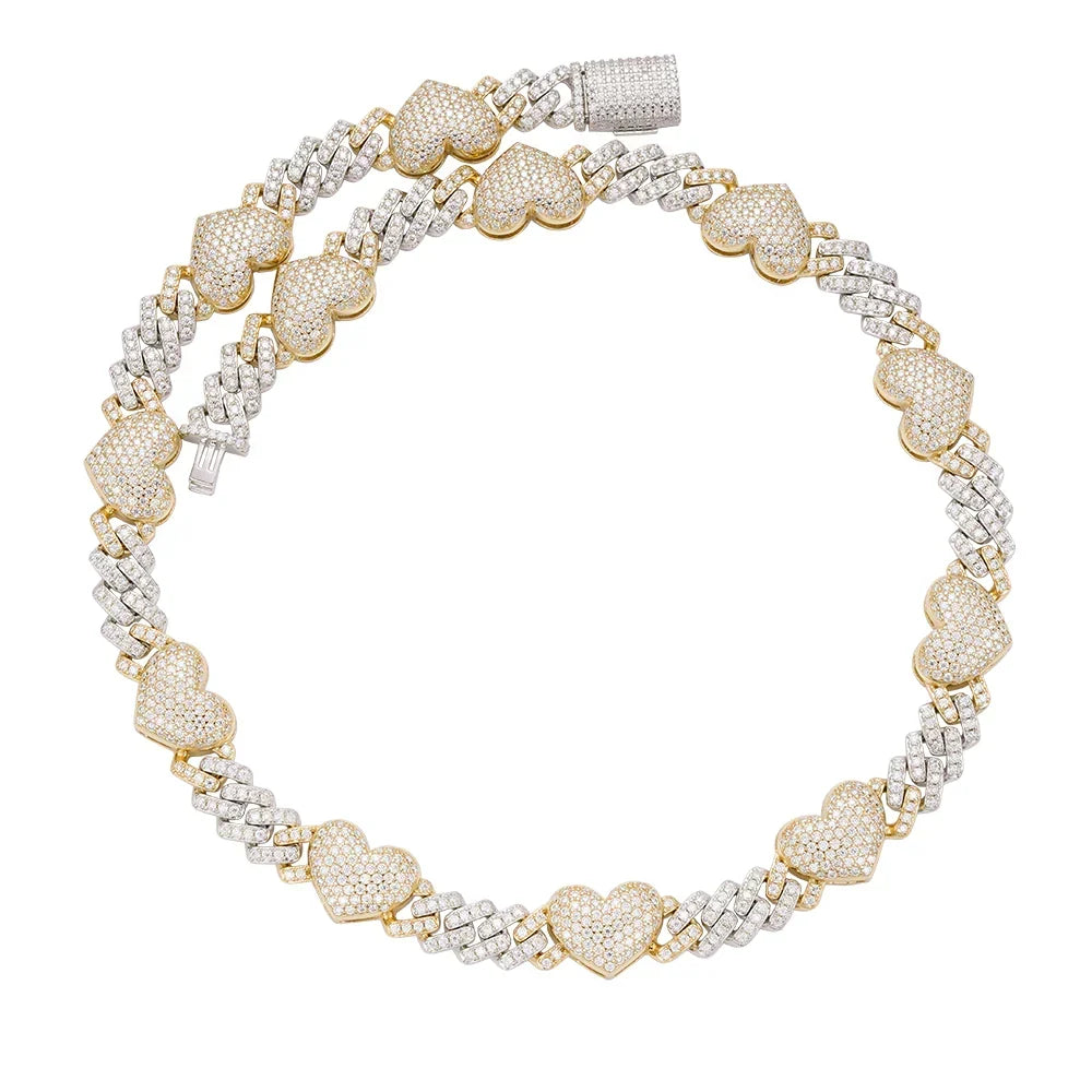 Women's 10mm Heart Cuban Link VVS D Moissanite Chain – 925 Sterling Silver, Two-Tone Yellow Gold Finish, view 3