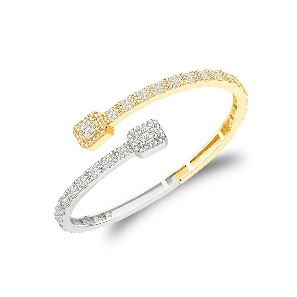 Women's Square Bypass VVS D Moissanite Bangle Bracelet – 925 Sterling Silver, Two-Tone Yellow Gold Finish