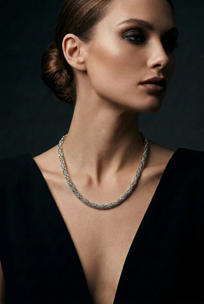 10K White Gold Semi-Solid Byzantine Chain Necklace, view 2