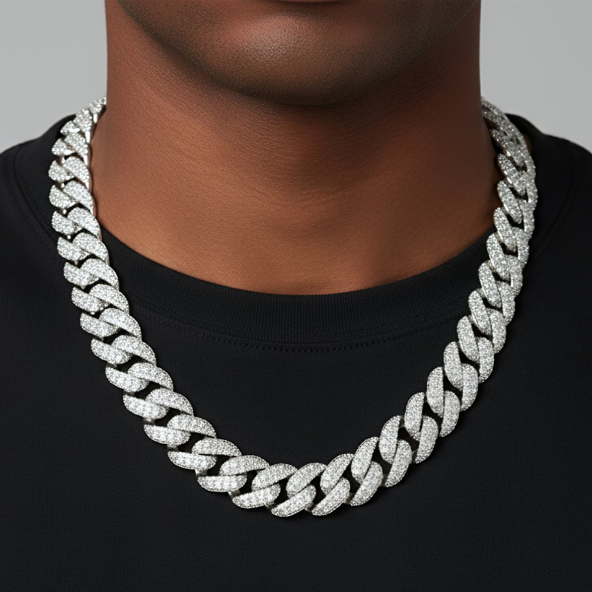 14mm Emerald-Cut Miami Cuban Moissanite Chain – 925 Sterling Silver, 14K White Gold Finish, view 2