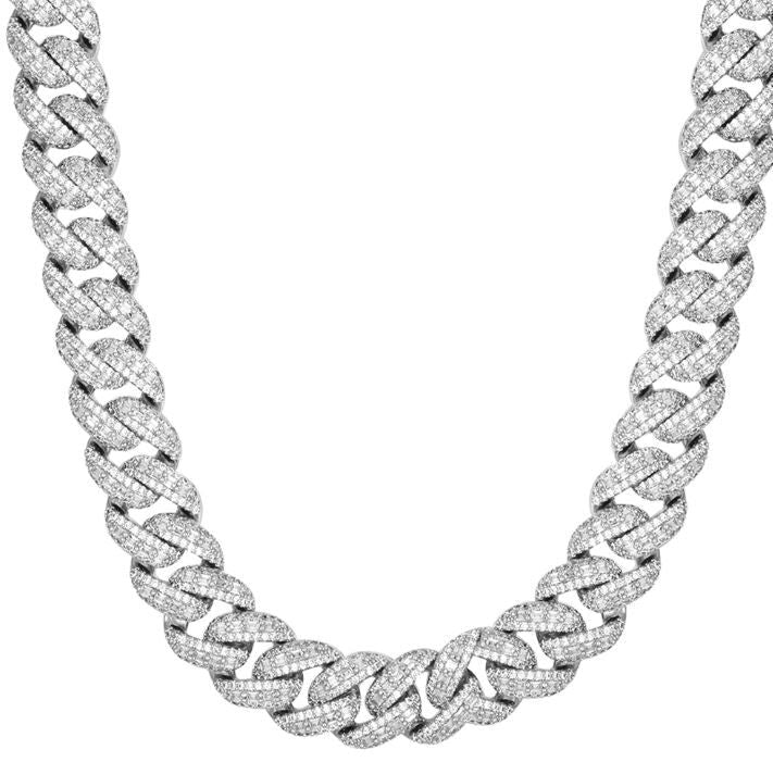14mm Emerald-Cut Miami Cuban Moissanite Chain – 925 Sterling Silver, 14K White Gold Finish