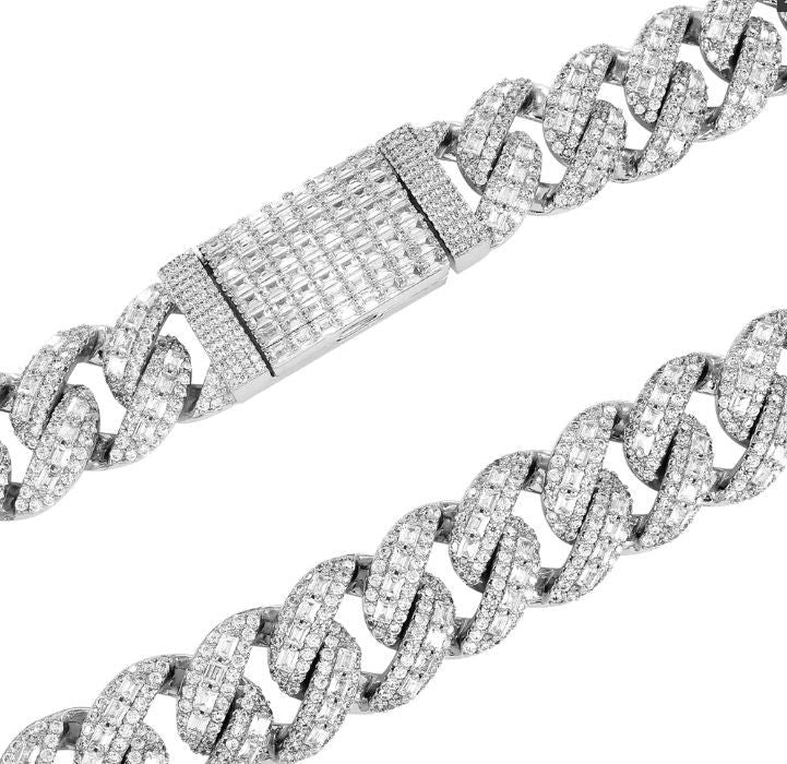 14mm Emerald-Cut Miami Cuban Moissanite Chain – 925 Sterling Silver, 14K White Gold Finish, view 3