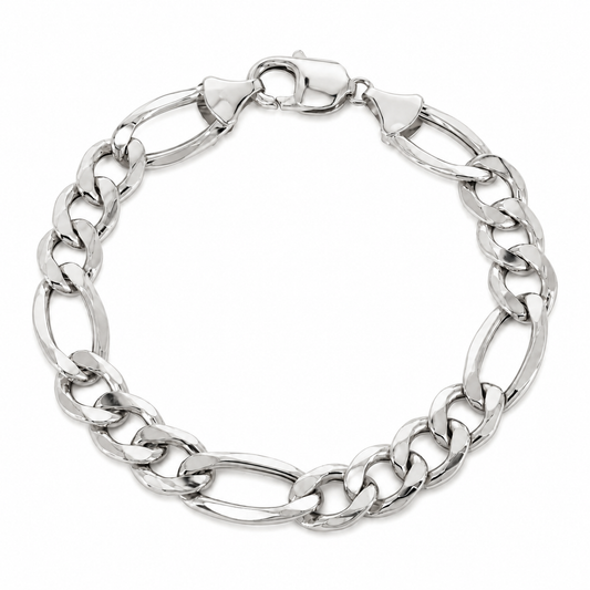 14K White Gold Solid Figaro Bracelet, close-up of the links