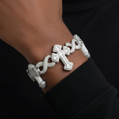 3D Cross Infinity Baguette VVS D Moissanite Bracelet – 925 Sterling Silver, 14K White Gold Finish, view 2