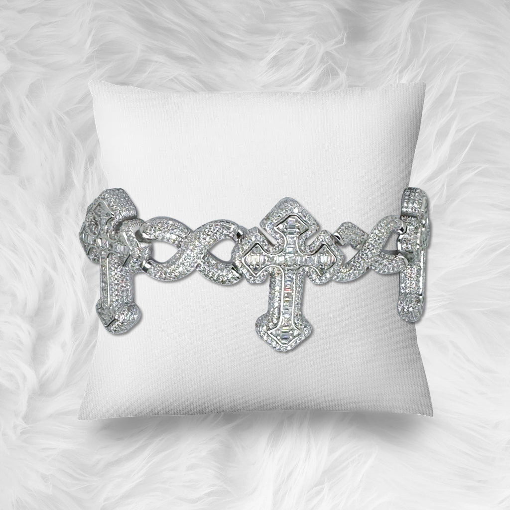 3D Cross Infinity Baguette VVS D Moissanite Bracelet – 925 Sterling Silver, 14K White Gold Finish