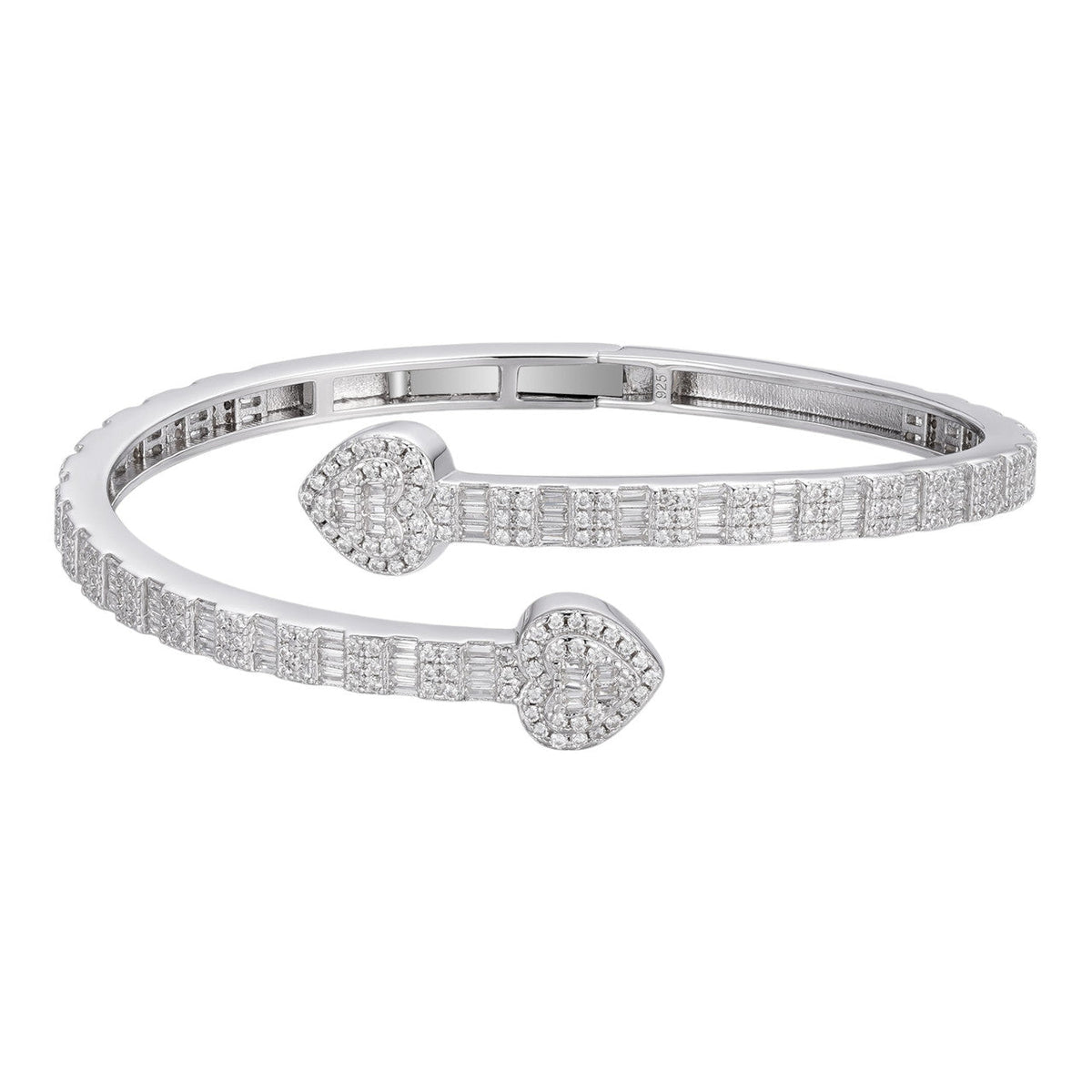 Women's Baguette Heart Bypass VVS D Moissanite Bangle Bracelet – 925 Sterling Silver, 14K White Gold Finish