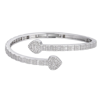 Women's Baguette Heart Bypass VVS D Moissanite Bangle Bracelet – 925 Sterling Silver, 14K White Gold Finish