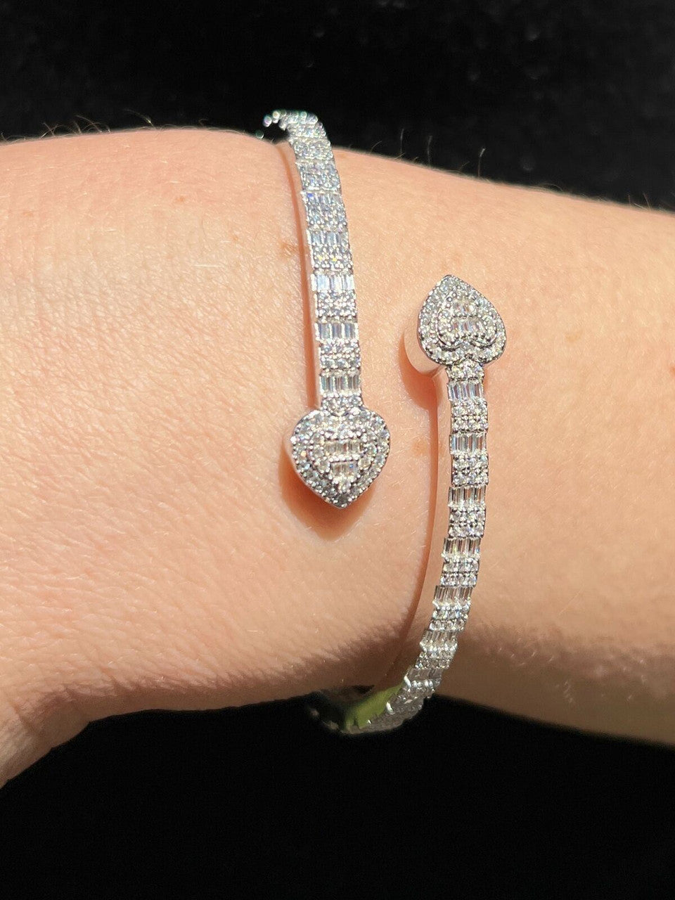 Women's Baguette Heart Bypass VVS D Moissanite Bangle Bracelet – 925 Sterling Silver, 14K White Gold Finish, view 2