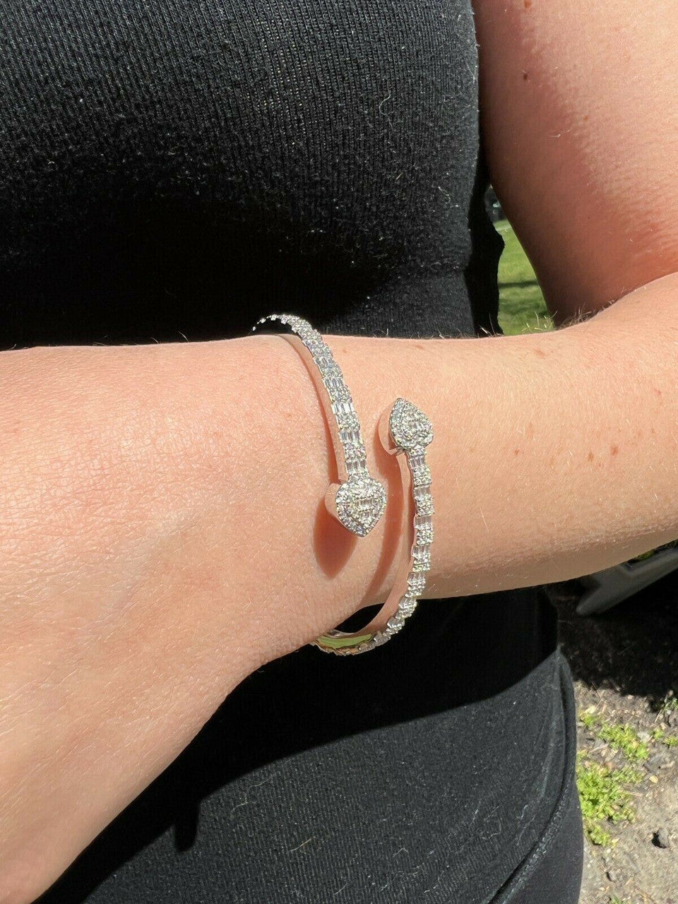 Women's Baguette Heart Bypass VVS D Moissanite Bangle Bracelet – 925 Sterling Silver, 14K White Gold Finish, view 3