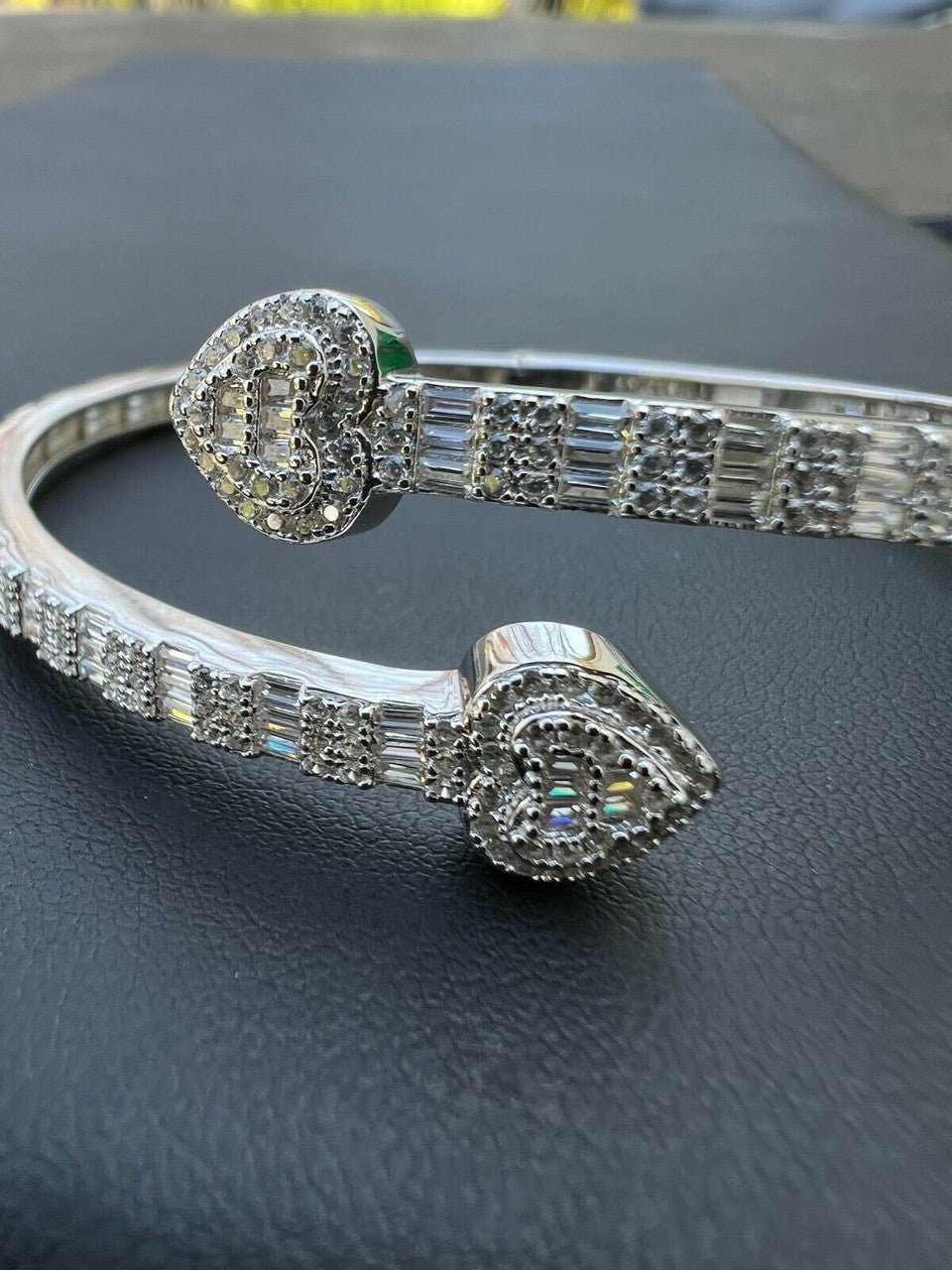 Women's Baguette Heart Bypass VVS D Moissanite Bangle Bracelet – 925 Sterling Silver, 14K White Gold Finish, view 4