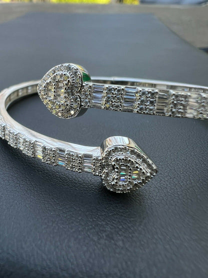 Women's Baguette Heart Bypass VVS D Moissanite Bangle Bracelet – 925 Sterling Silver, 14K White Gold Finish, view 4